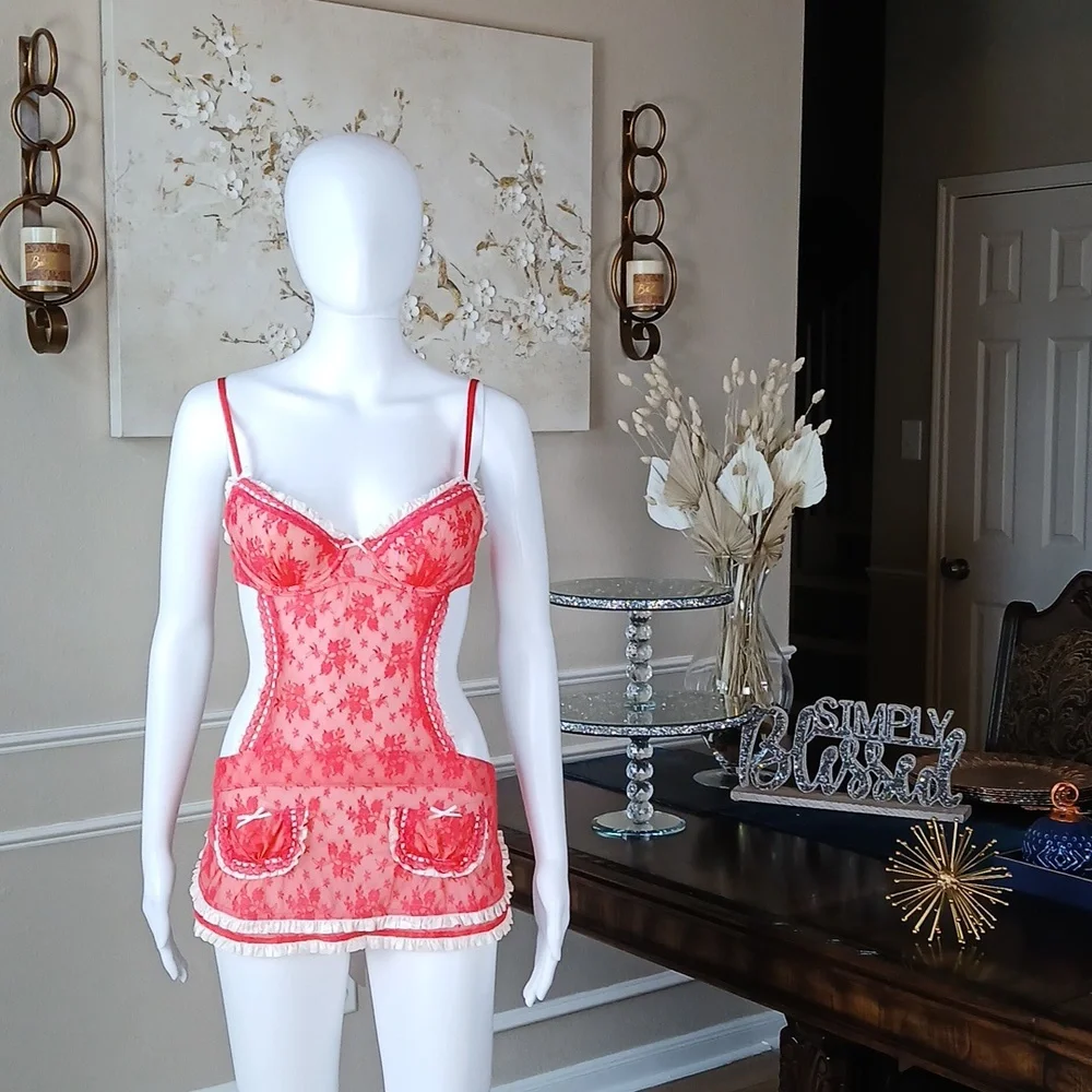 Victoria's Secret Super Sexy Floral Lace Apron Lingerie Mini Dress Size 34B